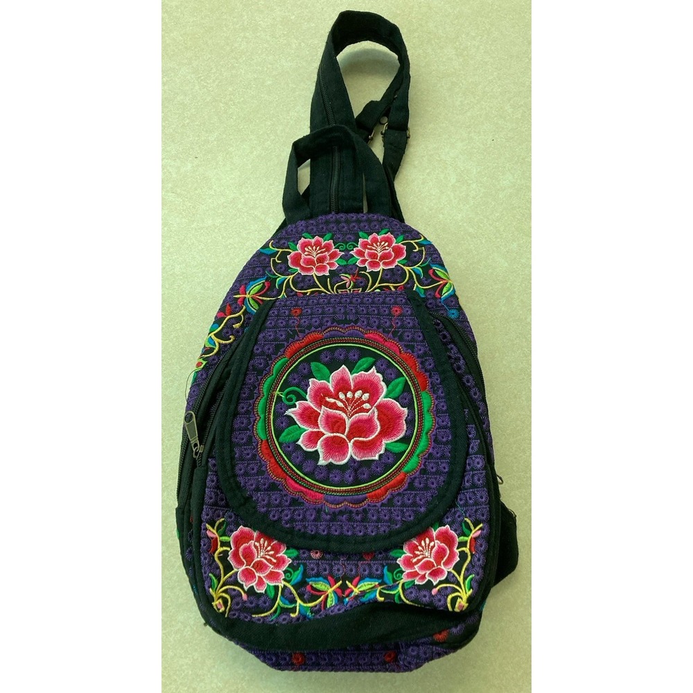 Women's Purple Shoulder Bag Boho Hippie style small Embroidery Backpack